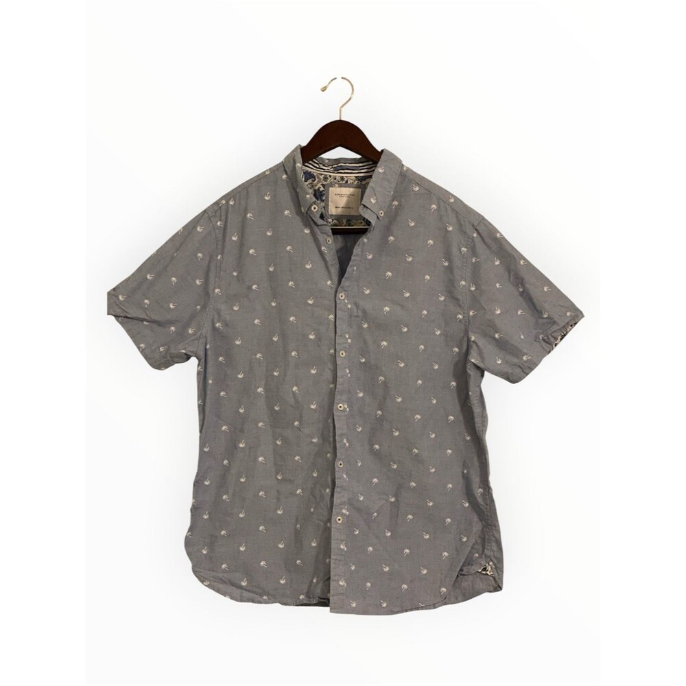 Men's Short Sleeve Button-Up Shirt in Light Blue with Micro Print Palm Trees XL